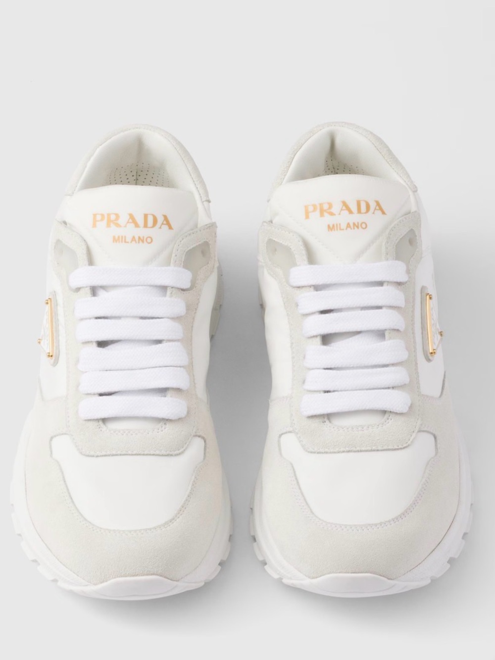 Prada White Leather & Suede Low-Top Sneakers with Gold Logo
